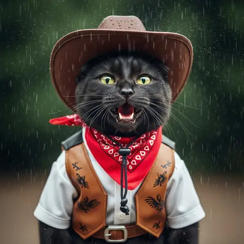 Laughing Dark Cat in the Rain with Cowboy Outfit