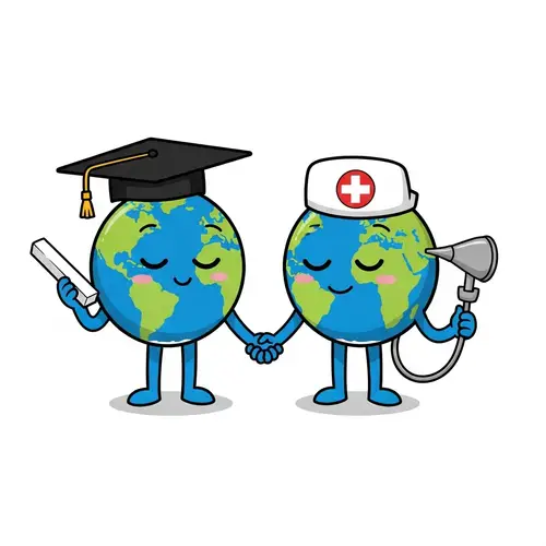 Unity of Education and Medicine: Cartoon Earths Holding Hands