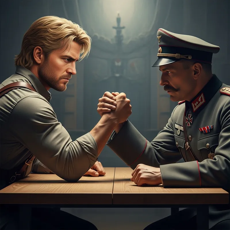 Ryan Gosling Arm Wrestles Adolf Hitler - Epic Showdown at Wooden Table