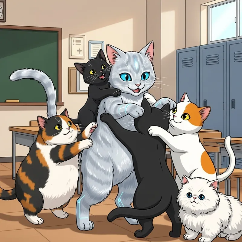 Cute AI Cat and Friends' Playful School Fight Cute AI Cat and Friends' Playful School Fight