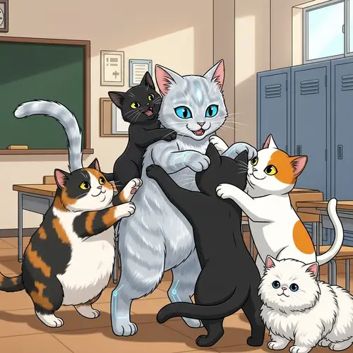 Cute AI Cat and Friends' Playful School Fight