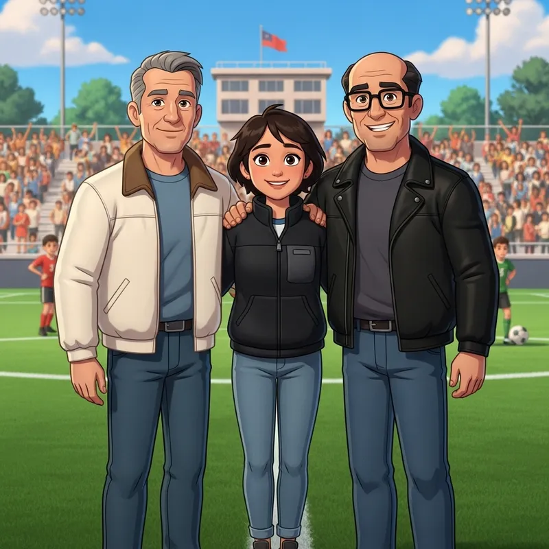 Emotive Pixar-Style Movie Poster: Young Woman with Two Older Men on Soccer Field