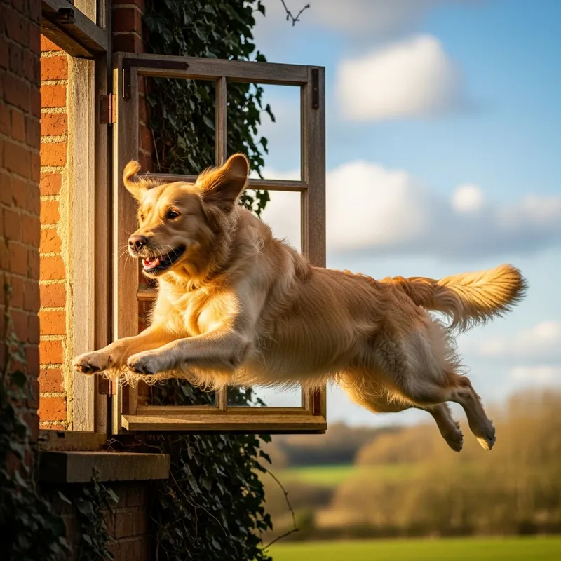 Dog Jumping Out Window - Playful Pet Adventure