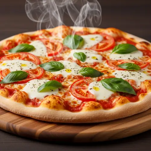 Delicious Freshly Baked Pizza with Mozzarella Cheese and Basil Leaves