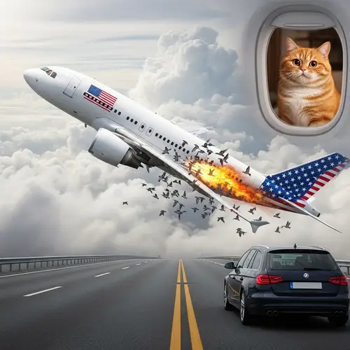 White Airplane with US Flag and Cat Soaring into Clouds