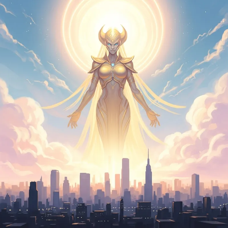 Majestic Alien Goddess Above City Skyline | Ethereal Artwork