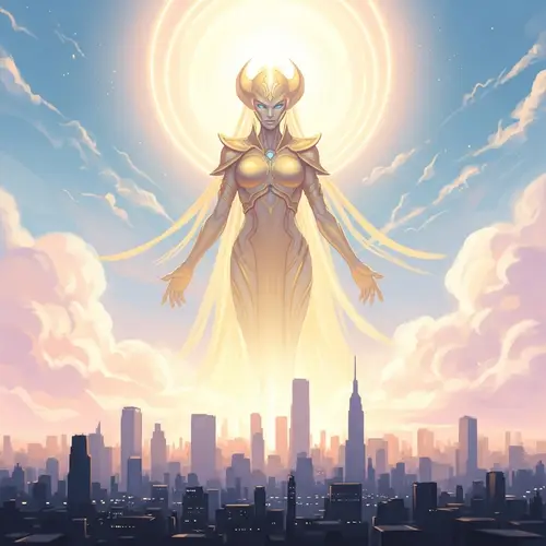 Majestic Golden-Skinned Alien Goddess | Ethereal City Skyline Art