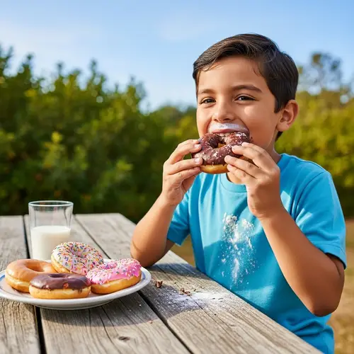 Young Hispanic Boy Enjoying Donut Outdoors