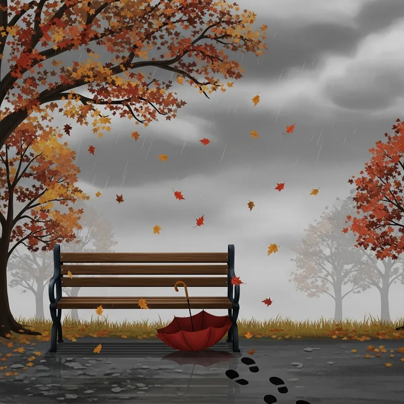 Symbolic Loss: Desolate Scene with Abandoned Bench and Umbrella