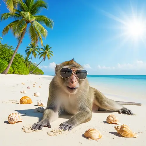 Trendy Monkey at Beach: Relaxing Scene with Sunglasses
