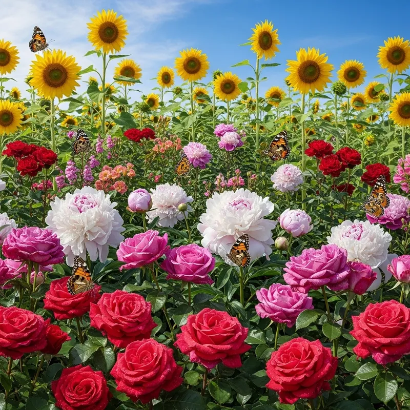 Vibrant Garden Blooms: Roses, Peonies, Sunflowers & Butterflies