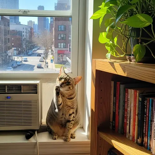 Sleek Domestic Cat Grooming on Windowsill with Cityscape View