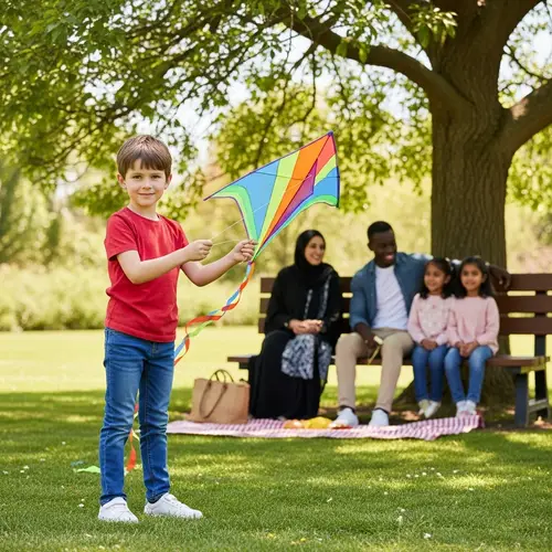 Playful Scene in the Park: Boy Flying Kite with Diverse Family Picnicking