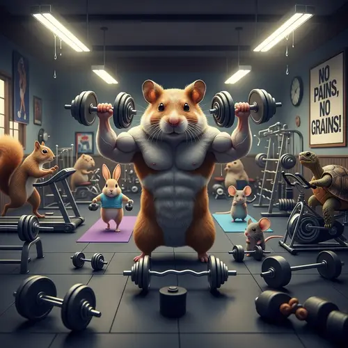 Muscular Hamster Weightlifting in Gym with Other Animals Exercising