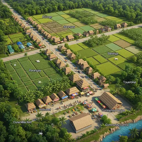Detailed Rural Scene in Barangay Philippines: Farming, Marketplace & Community Center