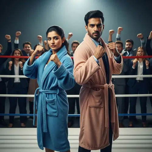 Dynamic Phone Salesmanship: Female & Male Salesperson in Boxing Ring