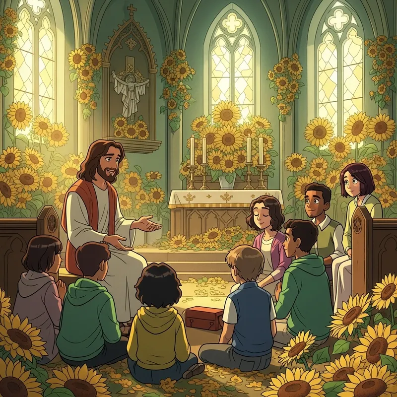 Animated Jesus praying with young people in sunflower-adorned church