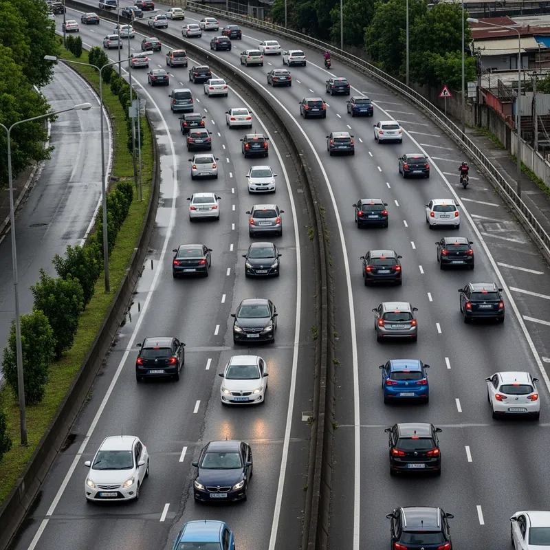 Overhead View of Five-Lane One-Way Highway Traffic Overhead View of Five-Lane One-Way Highway Traffic