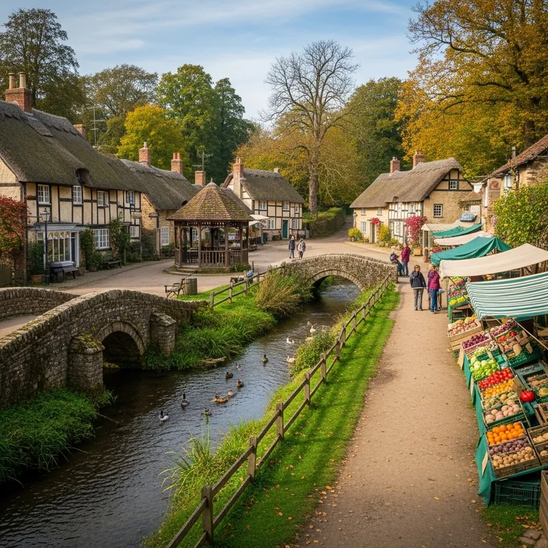 Quaint Village Setting with Cobblestone Streets and Thatched Roofs