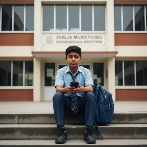 Sad South Asian Boy at School Steps | Emotional Portrayal