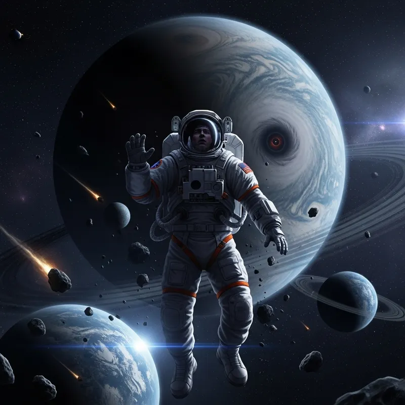 Astronaut in Space Suit among Planets and Universe - Dark and Scary Image Astronaut in Space Suit among Planets and Universe - Dark and Scary Image
