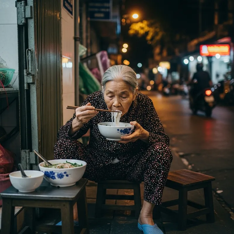 Traditional Vietnamese Pho: Elderly Woman Savoring Noodle Soup