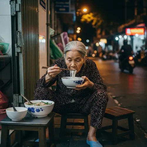 Authentic Vietnamese Pho Experience: Elderly Woman Enjoying Noodle Soup