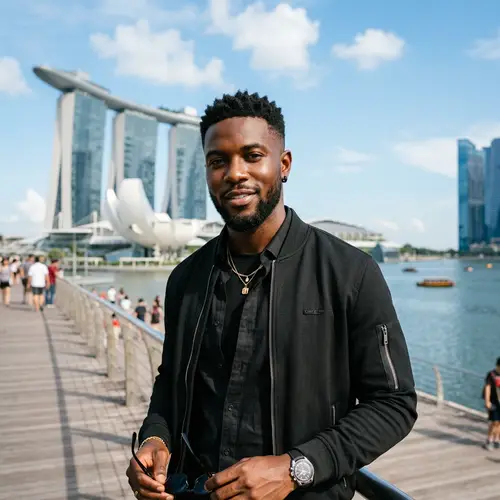 Chic Black Male Model at Marina Bay Sands Singapore