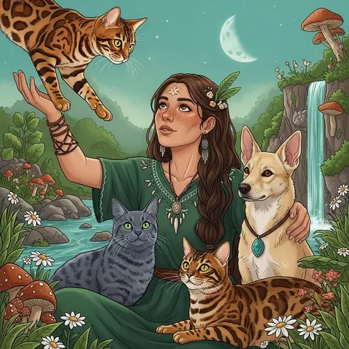 Bengali Cat and Shaman Woman in a Green Oasis