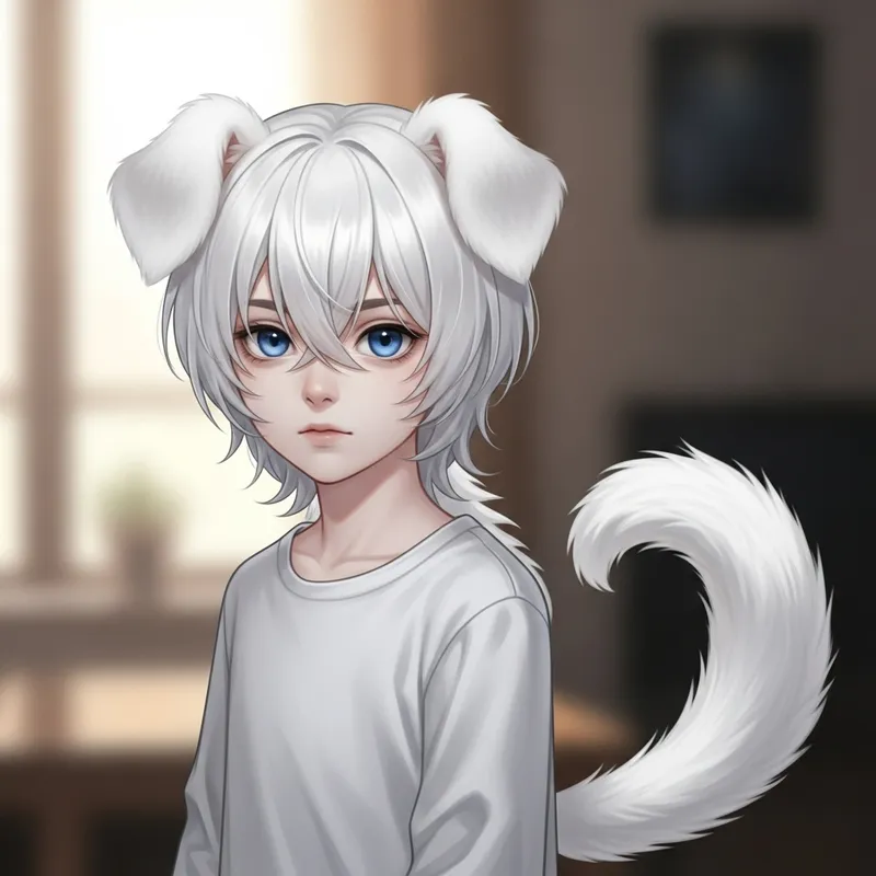 Realistic White Dog Boy with Blue Eyes