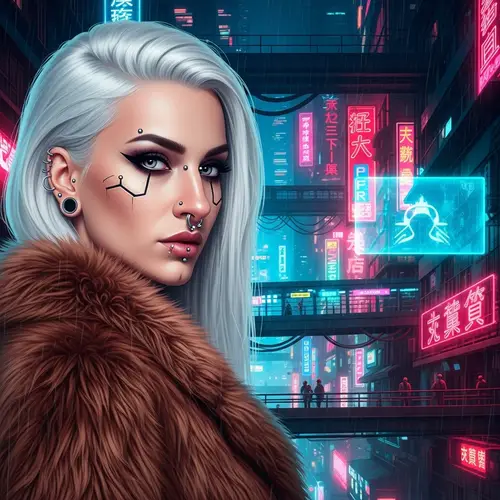 Cyberpunk Female Character with White Hair and Piercing Gray Eyes