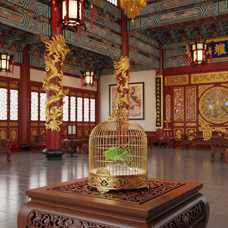 Ornate Golden Cage with Cricket in Chinese Palace