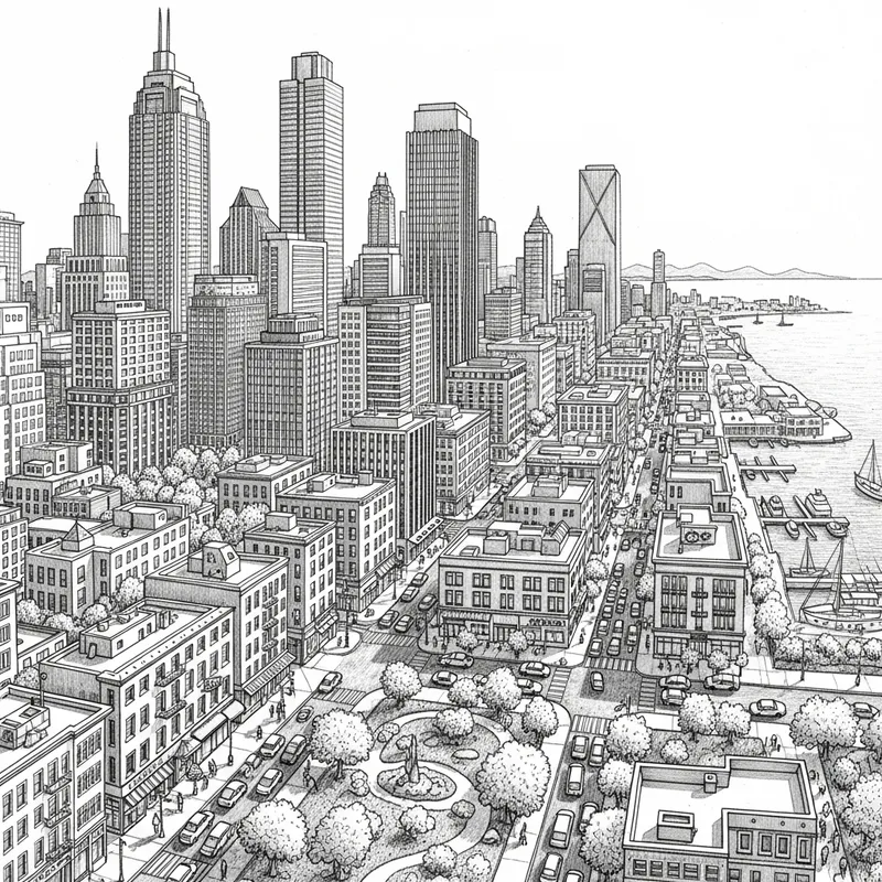 Urban Cityscape Pencil Drawing with Seaside View Urban Cityscape Pencil Drawing with Seaside View