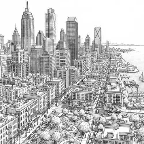 Detailed Pencil Drawing of Urban Landscape with Skyscrapers and Seaside View