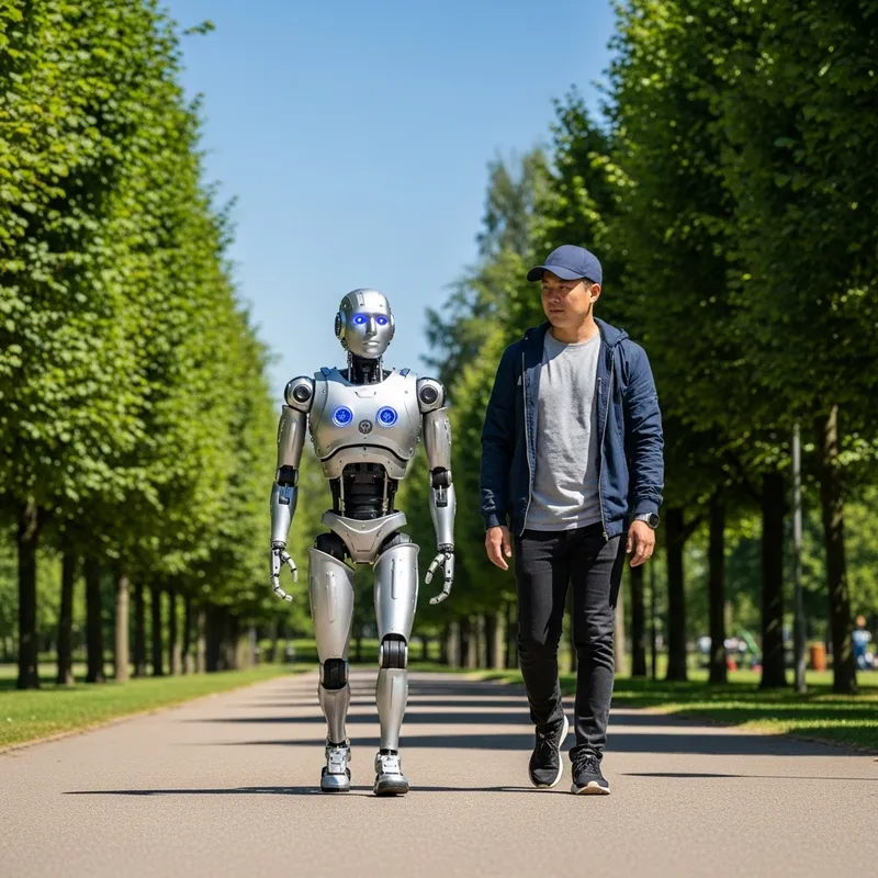 Robot Walking in Serene Park with Companion