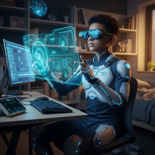 Futuristic Teenager Engaged with Innovative Technology