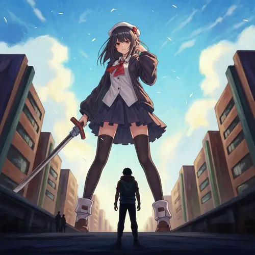 Dynamic Giant Anime Girl in Cyberpunk-Inspired World