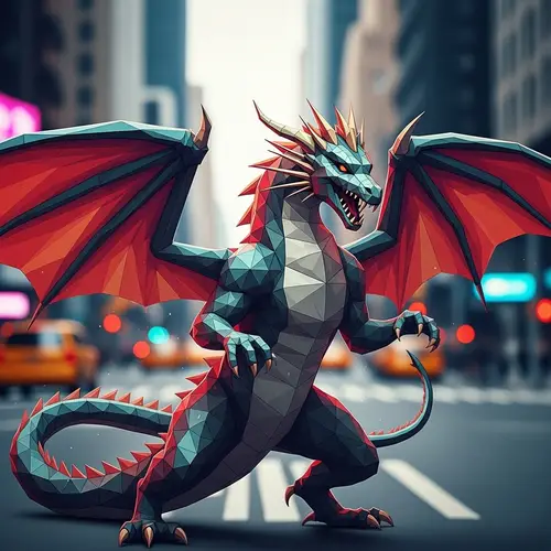 Polygonal Dragon Art in Surrealist Cyberpunk Style | New York Streets