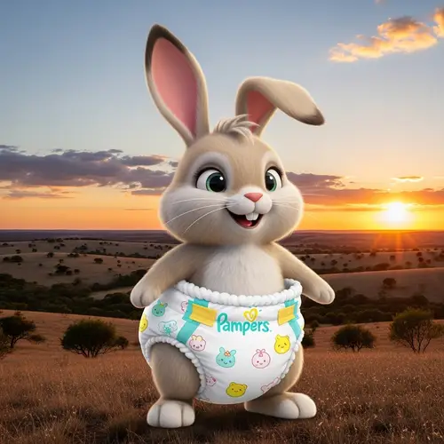 Adorable Cartoon Rabbit in Pampers Diaper: Animated Character