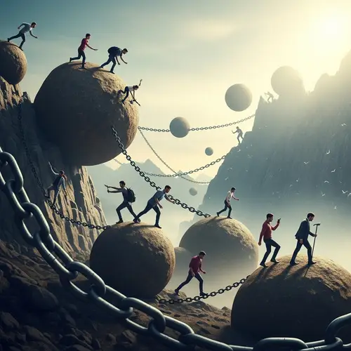 Diverse Group Overcoming Obstacles in Surreal Scene