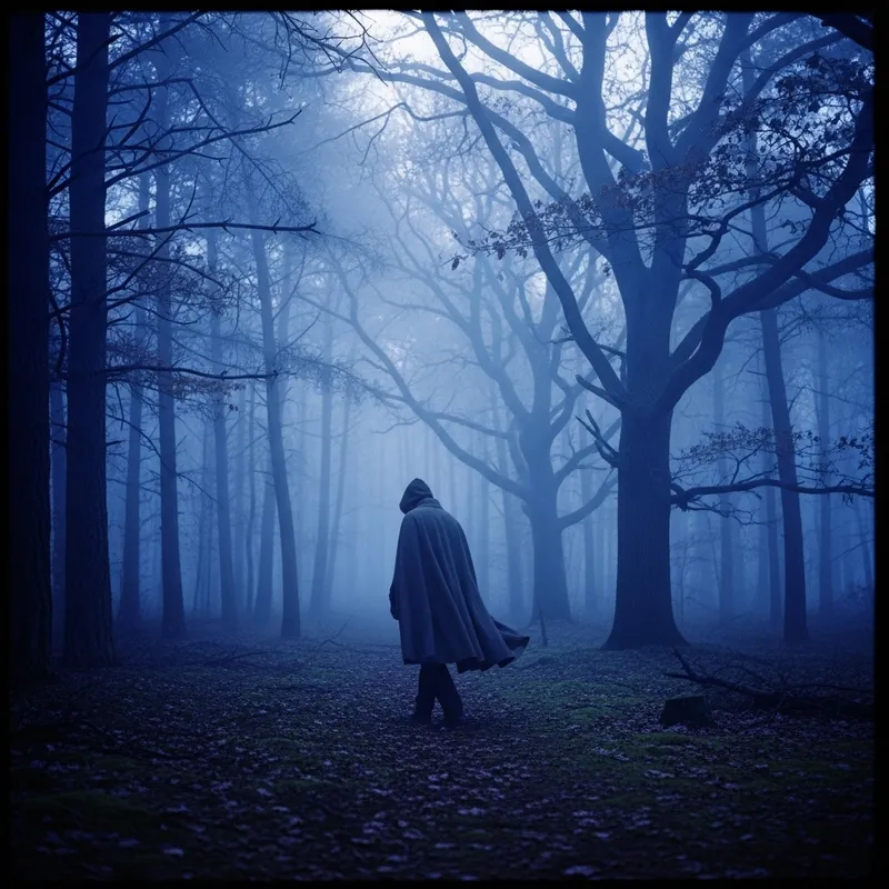 Enigmatic Figure in Foggy Forest | Deep Blues & Purples