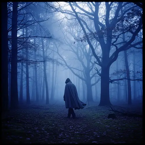 Enigmatic Figure in Foggy Forest | Solitude & Mystique