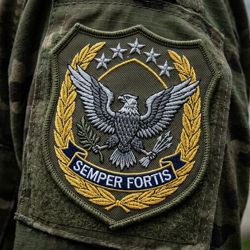 Military Patch: Shield Shape with Eagle, Laurel Wreath & Semper Fortis Military Patch: Shield Shape with Eagle, Laurel Wreath & Semper Fortis