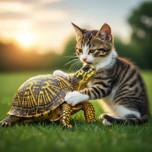 Turtle and Cat's Heartwarming Cuddle in Natural Setting