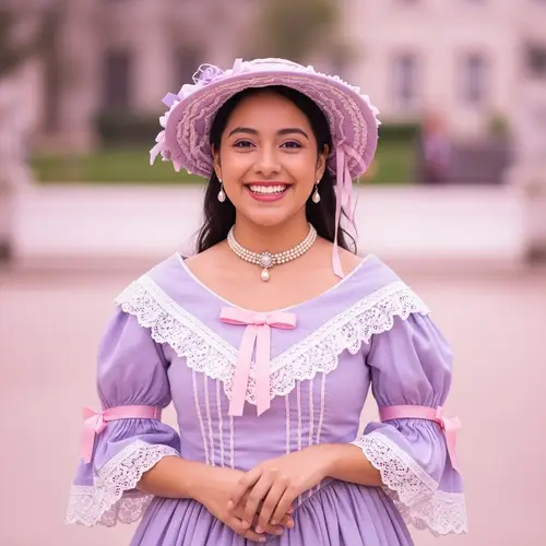 Young Hispanic Woman in Victorian-Style Dress | Romantic Fashion Portrait
