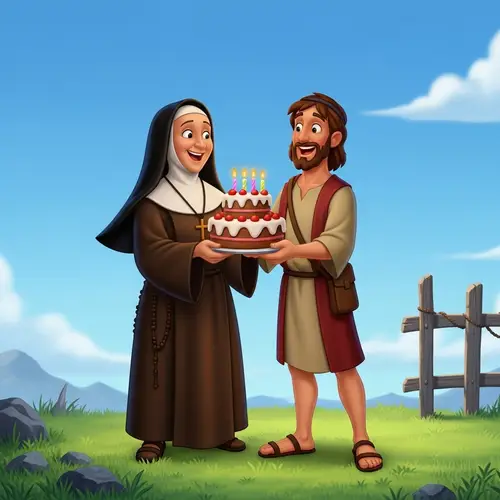 Joyful Birthday Scene with a Franciscan Nun and Jesus