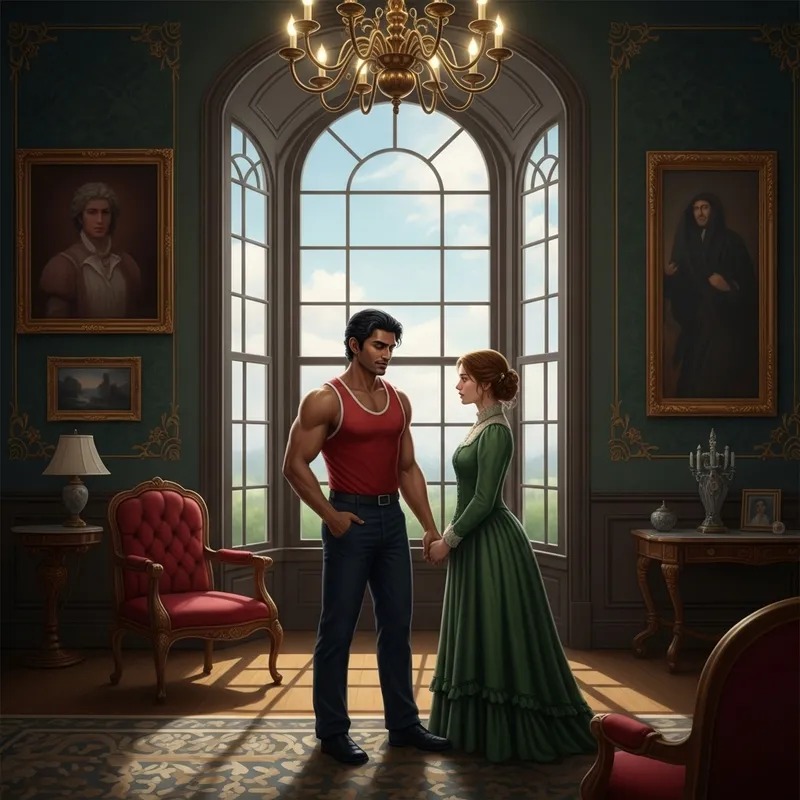 Detailed Victorian Mansion Interior Art with Cinderella and Prince Charming