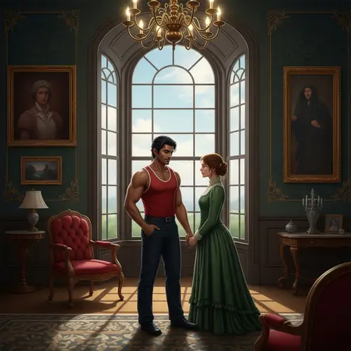 Victorian Mansion Interior with Stylish South Asian Man and Sad Caucasian Woman
