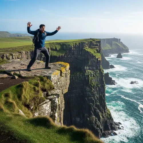 Surprised Hiker on Majestic Cliff Edge | Adventure Scene