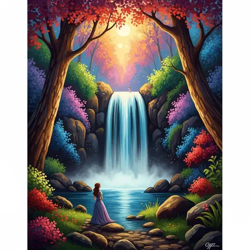 Concealed Waterfall in Mythical Forest - Vivid Mixed Media Art